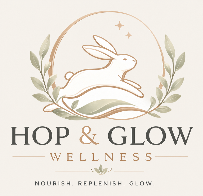 Hop & Glow Wellness — leaping rabbit framed by greenery
